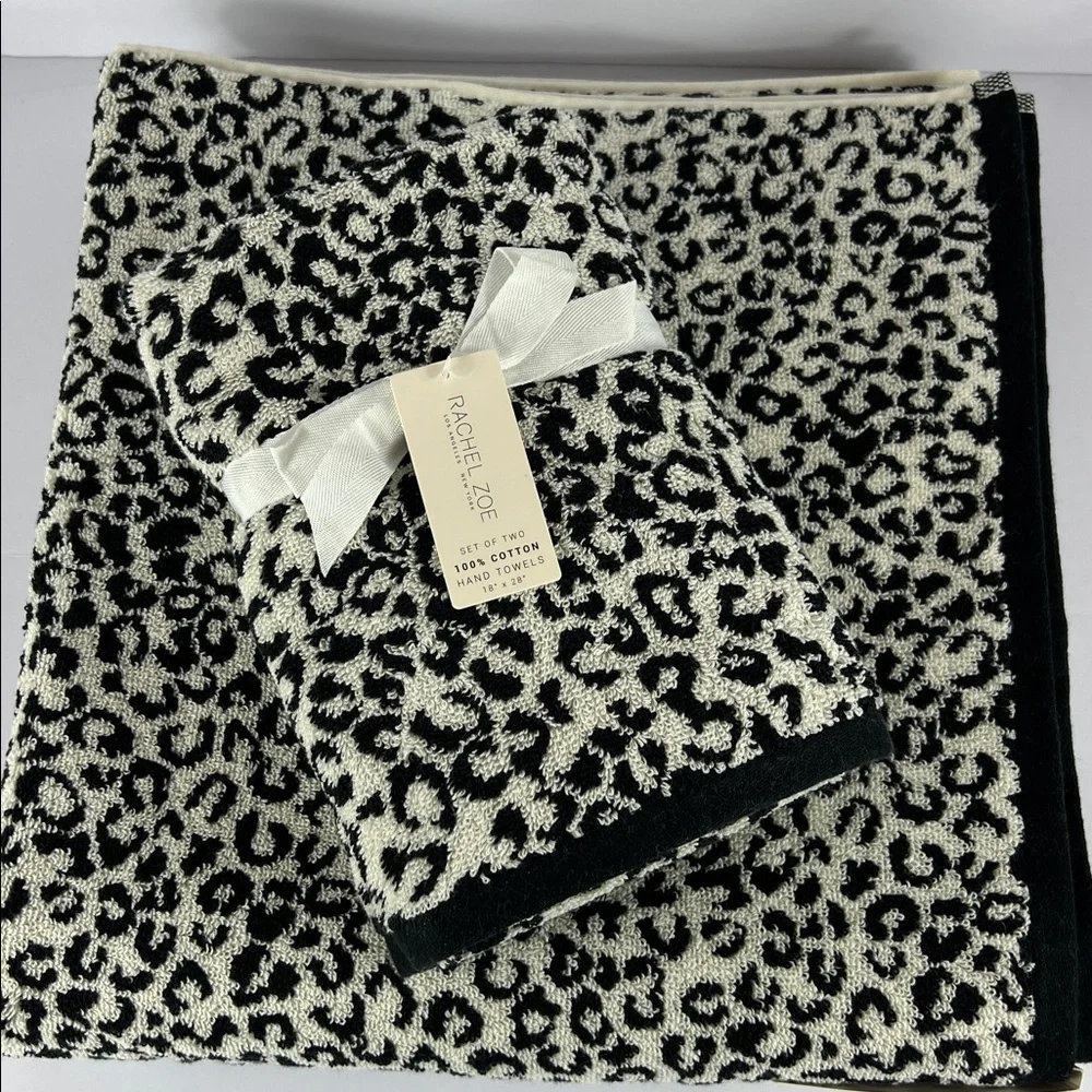 3 Pc Rachel Zoe Bath Towel Set Leopard Cheetah Animal Print Black Off White NEW